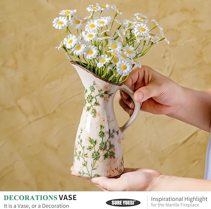 for Mom from Daughter or Son, SURE YUESI 7.3” Green Handcrafted Ceramic Pitcher Vase, Vintage Pastoral Floral Vase, Farmhouse Chinoiserie Tuscan Cottage Core Rustic Table Centerpiece