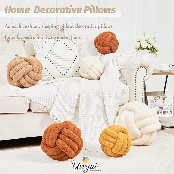 Uvvyui Knot Pillow Ball, Soft Home Decorative Pillows, Round Throw Pillow, Handmade Knotted Plush Pillow, Round Boucle Pillow Cushion (11 Inches Beige)