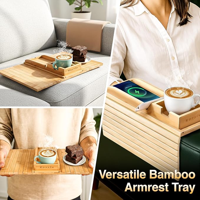 Bamboo Sofa Armrest Tray - Couch Arm Tray with Detachable Couch Cup Holder - 2 in 1 Anti-Slip Foldable Sofa Armchair Caddy Table - Cup Holder for Drinks Cellphone TV Remote Snacks
