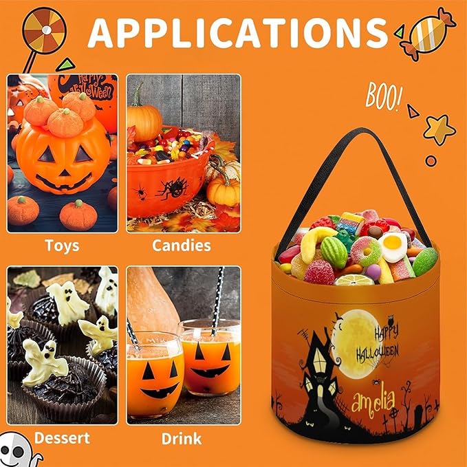 Personalized Halloween Trick or Treat Candy Bag with Name Custom Text Party Tote Bucket Halloween Candy Basket Gift (Bag-8)