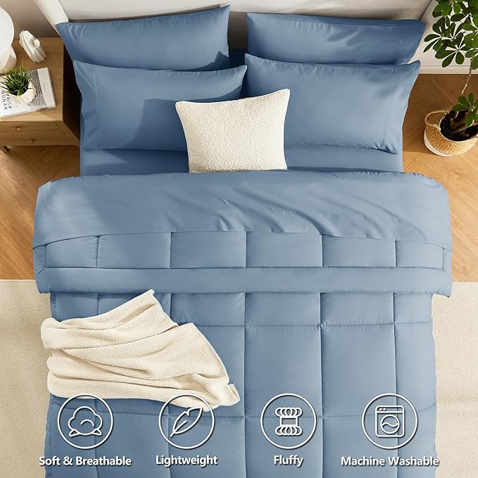 CozyLux King Size Comforter Set Dusty Blue, 7 Pieces Bed in a Bag, Grayish Blue Comforter King Size, All Season Bedding Sets with Stitch Quilted Comforter, Flat Sheet, Fitted Sheet, Pillowcases