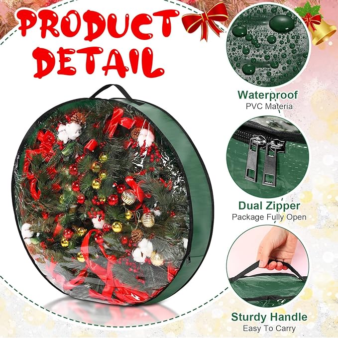 Aliceset 4 Pack Wreath Storage Containers, Ornament Garland Wreath Storage Bags with Handle Zipper Decorative Storages Box for Winter Valentine Wreaths(30 x 30 x 7.8 Inch,Green)