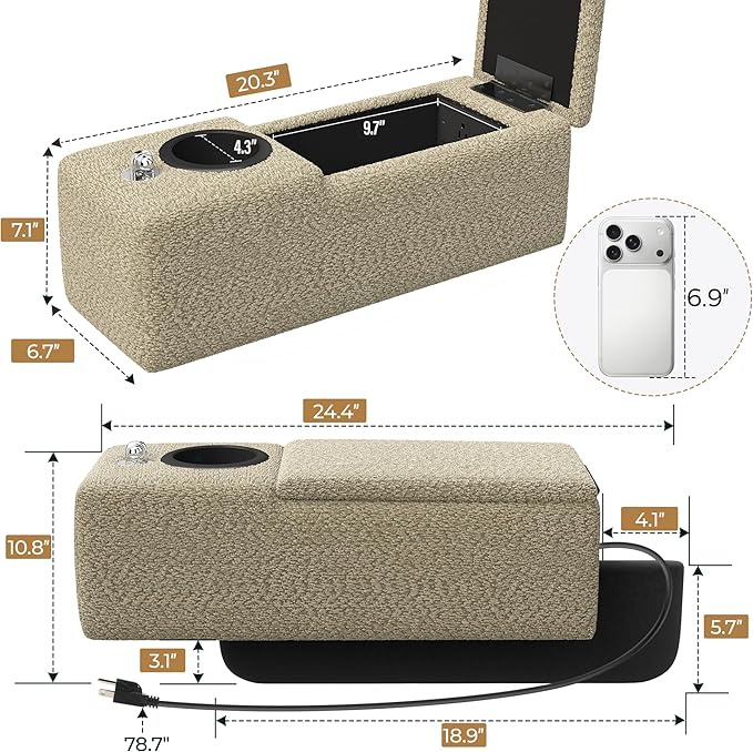 Multifunctional Couch Caddy Armrest with Couch Cup Holder Charging Console Phone Holder Storage 20.3'' Arm Rest Caddy Removable Chenille Sofa Armrest Organizer for Home Sofa Living Room, Camel