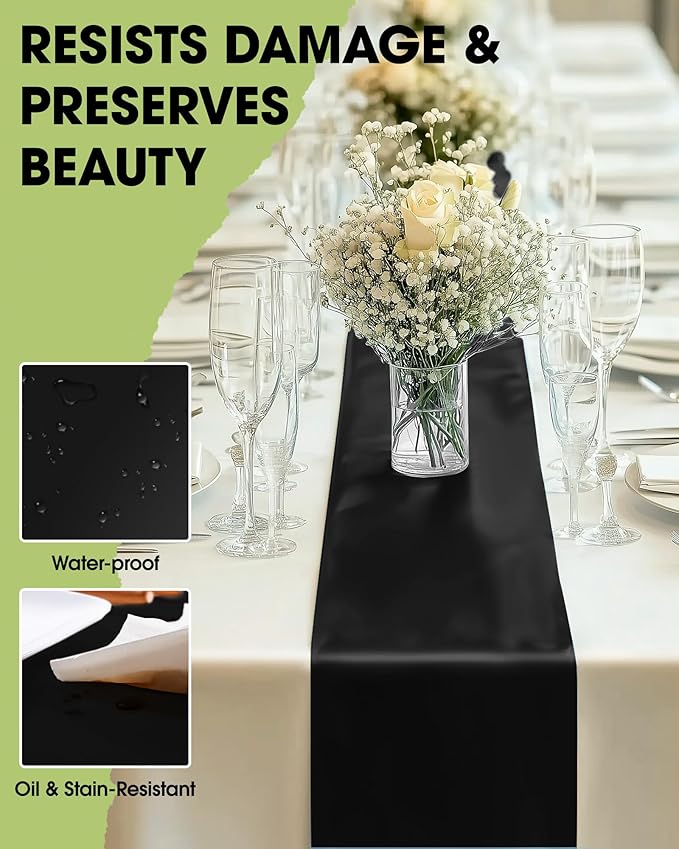 Pureegg Black Plastic Table Runners - 10 Pack, 14'' x 108'', Water Resistant & Disposable Centerpiece Decorations for Table Cloth, Wedding, Birthday, Holiday, Baby Shower, Party, Home Decor