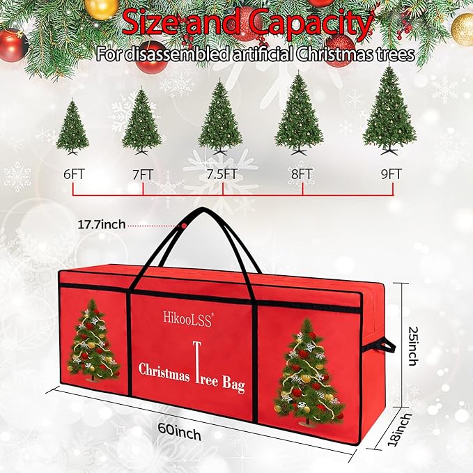 HikooLSS Christmas Tree Bags Storage 7.5 Ft Christmas Tree Storage Bag, Reusable Heavy Duty 600D Oxford Santa Tree Box/Container/Holder for Large Artificial Xmas Tree/Holiday Trees Red(60X18X25in)