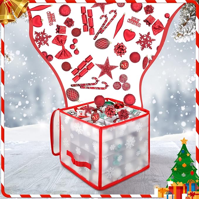 Saintrygo 2 Pcs Christmas Ornament Storage Box Christmas Storage Containers with 64 Compartment Zippered Bauble Vinyl Plastic Ornament Box with Handles, 12 Inch(Snowflake Style)