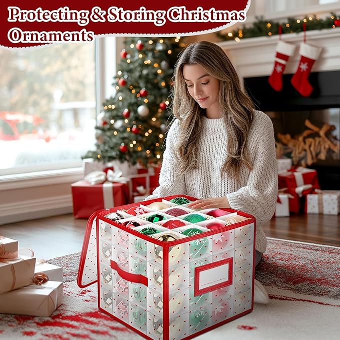 BlessedSeason Christmas Ornament Storage Box With Adjustable Dividers, Store up to 64 of 3-inch or 36 4-inch Christmas Ornaments, Xmas Ornaments Storage with Zippered Closure & Two Handles, 2 Pcs