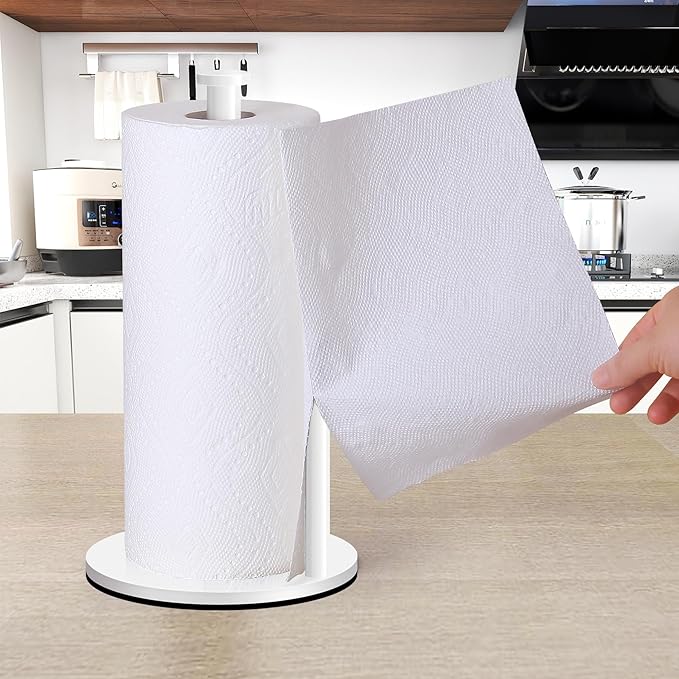 Paper Towel Holder Countertop, OBODING, White Kitchen Paper Towel Holder Stand for Kitchen and Bathroom Organization, Stainless Steel Paper Towel Holders for Standard and Large Rolls (White)