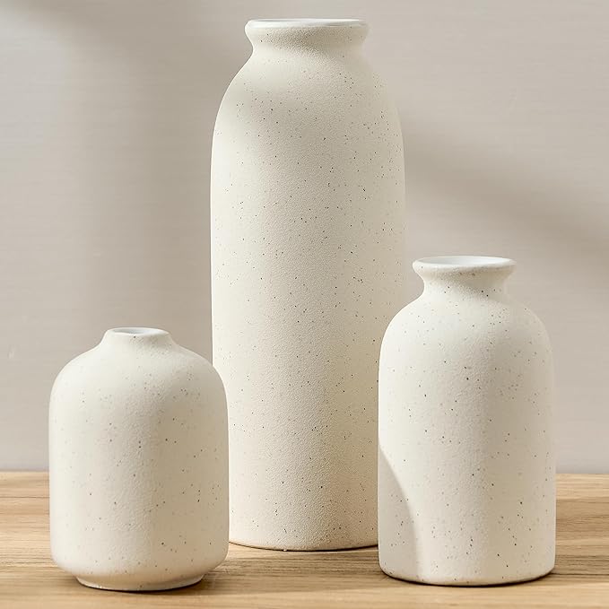 Ceramic Vase Set of 3, Decorative Nordic Minimalist Vases Home Decor for Living Room Kitchen Bedroom Entryway Mantel Table, Modern Decor for Bouquet Pampas Grass Dried Fresh Flowers- Cream White