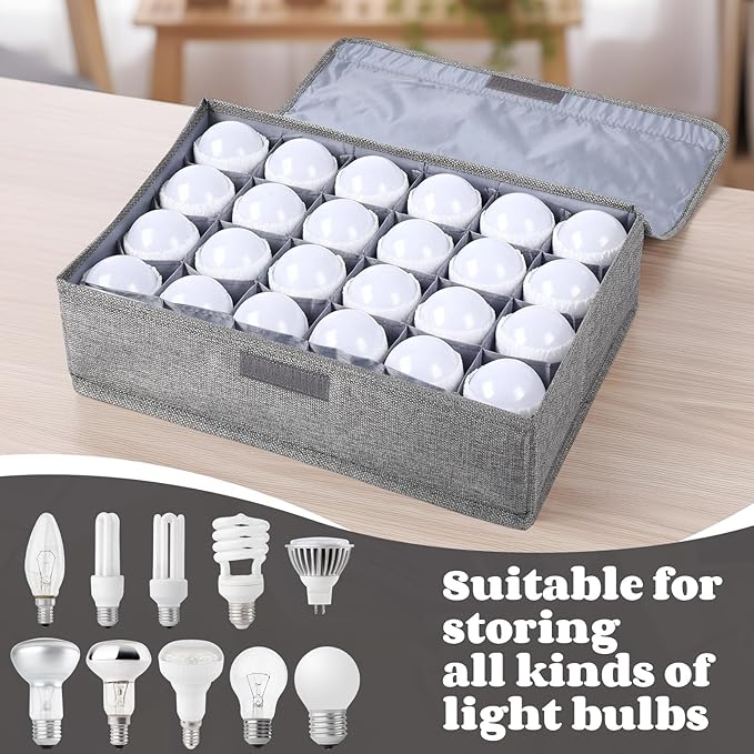 1 Pcs Light Bulb Organizer Storage Box Ornament Storage with 30 Dividers Foldable Bulbs Organizer with Lid Sturdy PP Board Fits Various Standard Dustproof Fabric Case for Home Vbs (Grey)
