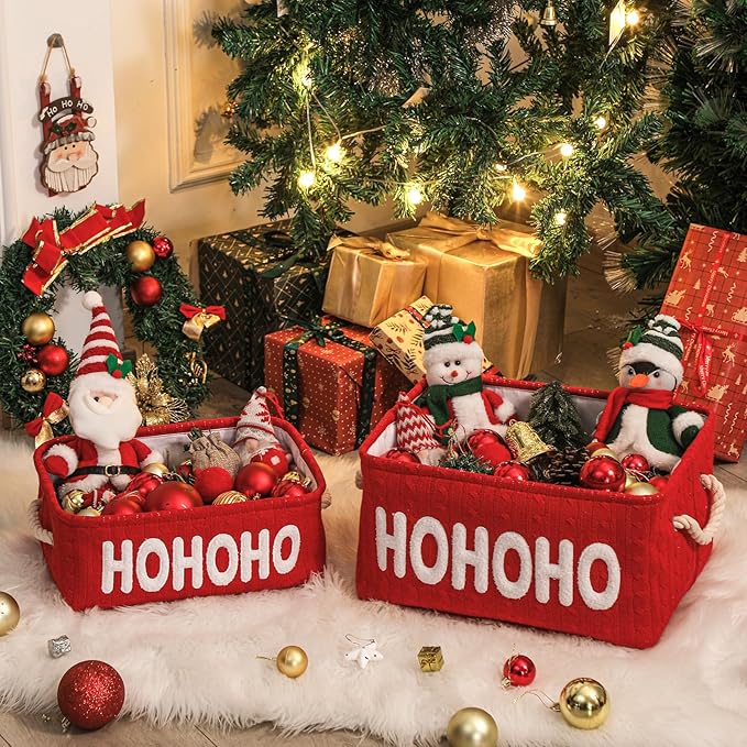 INough Christmas Gift Basket, Large Red Empty Storage Basket with Handle, Holiday Organizer for Toys, Gifts, Baby Items and Home Christmas Decorations