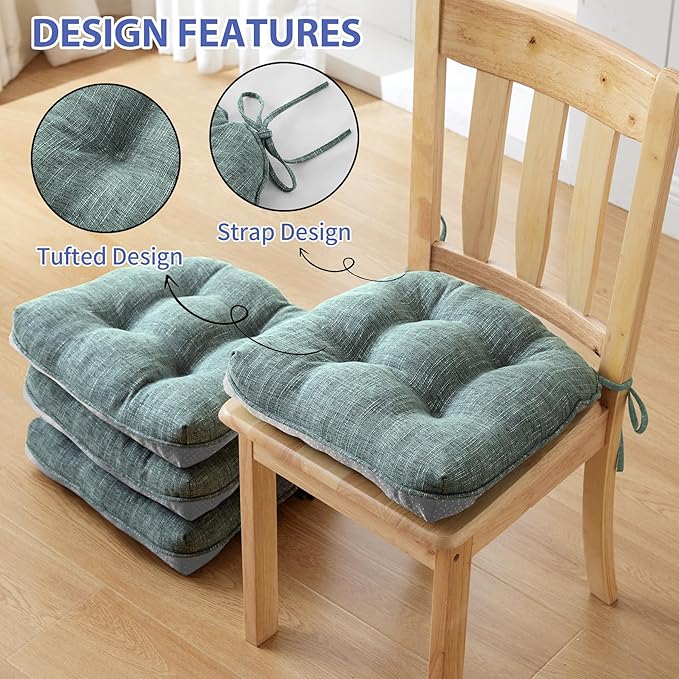 IPYNBAP Chair Cushions for Dining Chairs Set of 6, Kitchen Chair Cushions, Chair Pads with Ties Non Slip Backing, Christmas Room Decor, Tufted Memory Foam Seat Cushion 6 Pack, 15.5x15.5x4, Sage Green