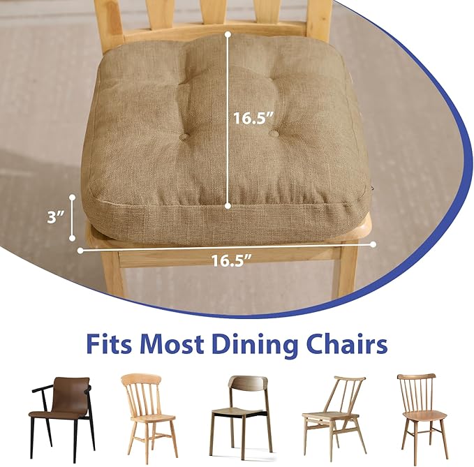 IASEAHK Chair Cushions for Dining Chairs, Dining Chair Cushions, Tufted Indoor Chair Pads with Ties & Non Slip Backing, Seat Cushions for Kitchen Chairs 16.5” x 16.5” x 3.5”, Set of 6, Khaki