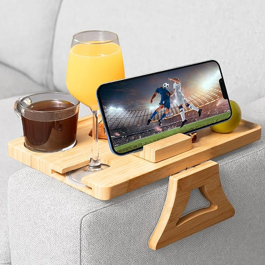 3-in-1 Bamboo Couch Tray with Silicone-Lined Wine Glass Holder, Cup Compartment, and Non-Slip Phone Stand