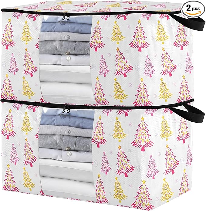 Burbuja Christmas Tree Clothes Storage Bag with Lids and Handle, 2 Pack Foldable Blanket Storage Container with Sturdy Zipper & Clear Window for Bedroom Closet, 60L
