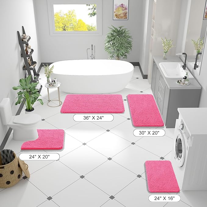 OLANLY Large Bathroom Rugs 70x46, Extra Soft Absorbent Chenille Bath Rugs, Rubber Backing Quick Dry, Machine Washable Bath Mats for Bathroom Floor, Tub and Shower, Home Decor Accessories, Hot Pink