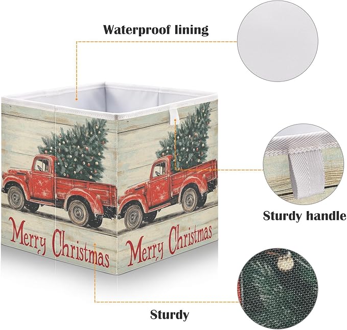 Red Truck Christmas Tree Fabric Storage Cubes Sturdy Shelf Closet Organizer Bin Decorative Storage Basket Box for Living Room Bathroom, 11x11 Inch