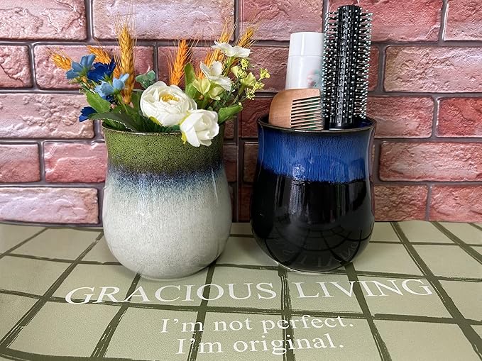 Short Kitchen Utensil Holder for Kitchen Counter, Ceramic Small Utensil Crock & Vase & Holder for Cutlery Spatula Brush Silverware Cooking Utensil Holder (Sapphire)