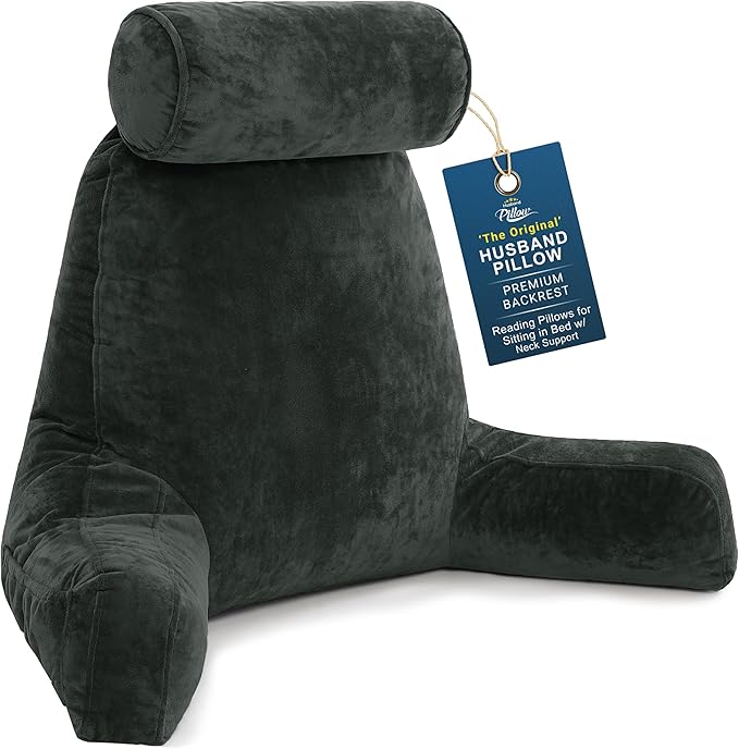 Husband Pillow XXL The Original for Adults - 30" Tall Backrest for Sitting Up in Bed - Firm Support Reading & Bed Rest Pillows for Adults, Neck Roll, Removable Cover - TV - Dark Green