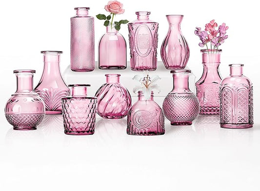 Mini Bud Vases Centerpieces for Tables,Clear Bud Vases for Flowers,Small Flower Vases Suitable for Birthday Party,Anniversary,Wedding Reception,Baby Shower (Pink, 12PCS)