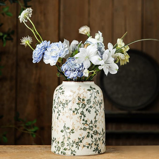 for Mom from Daughter or Son, Vintage Green Chinoiserie Ceramic Vase 7.8”, Ice Crack Floral Retro Decorative Vase for Living Room, Bookshelf, Office, Grandmillennial Decor