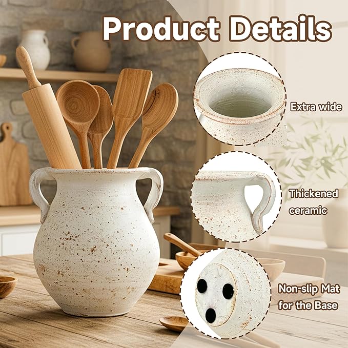 Rustic Kitchen Utensil Holder for Countertop, 7.6x4.9In Large Ceramic Cooking Utensil Crocks for Countertop, with non-slip pads, Morden Farmhouse Vintage Kitchen Counter Decor