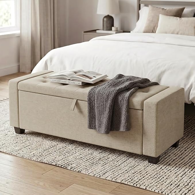 Storage Ottoman Bench, 50" End of Bed Bench with Legs,Storage Chest with Safety Hinge, Modern Entryway Benchs for Living Room, Bedroom, Entryway, Beige