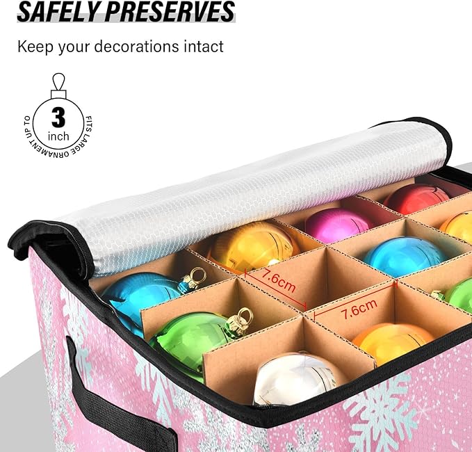 Pink Christmas Snowflake Christmas Ornament Storage Box, 4 Tier Holds Up to 64 Holiday Ornaments Decoration Balls, Holiday Decorations Accessories Xmas Decorations Storage Container with Dividers