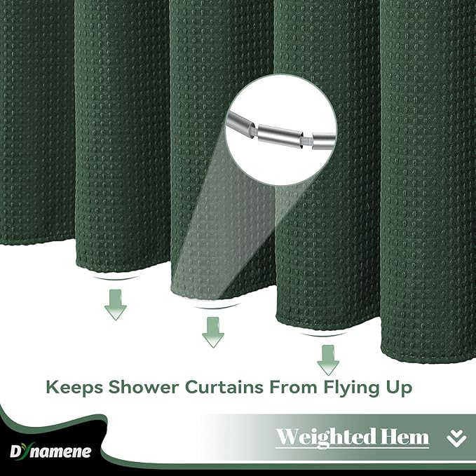 Dynamene Long Fabric Shower Curtain - 78 inch Long Waffle Weave Weighted Cloth Shower Curtains for Bathroom, Neutral Heavy Duty Hotel Spa Luxury Bath Curtain Set with 12 Hooks, 72x78, Dark Green