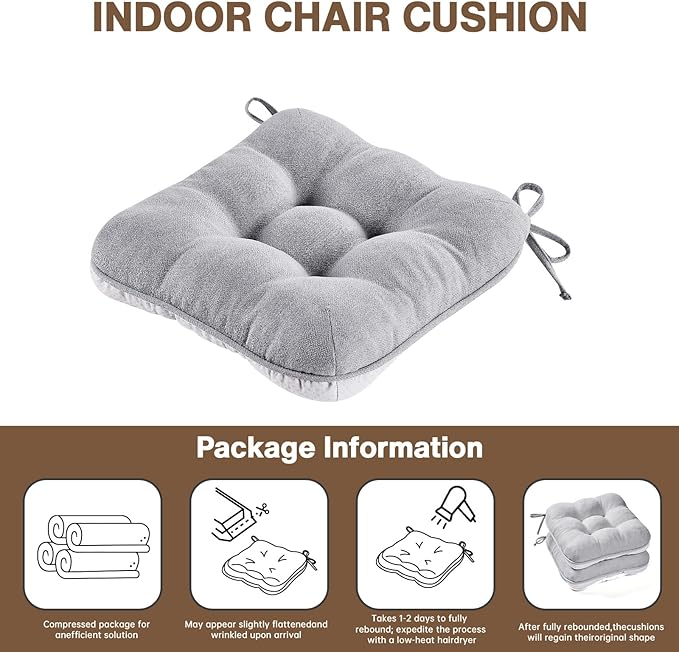 BETU Chair Cushions for Dining Chairs Set of 6,3.5" Thick Kitchen Table Chair Pads with Ties,Non Slip Backing and Covers, Seat Cushion for Dining Room,Bar,Patio Chairs,16"X16"X3.5",Light Grey