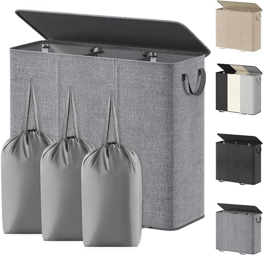 Lifewit Triple Laundry Hamper with Lid and Removable Laundry Bags, Large Collapsible 3 Dividers Dirty Clothes Basket with Handles for Bedroom Laundry Room Closet Bathroom College, 185L Gray