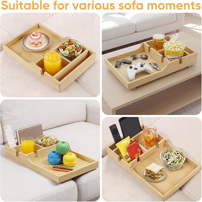 Couch Insert Tray,Bamboo Couch Tray Between Couch Cushions with 4 Compartments2 Cups Holder,Fit Armless Couch/Sectional, 2-in-1 Fold-Flat Tray,for Snacks, Drinks, Remotes,15.35x9.84-inch (Bamboo)