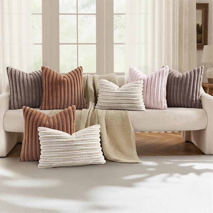decorUhome Cozy Faux Fur Throw Pillow Covers 16x16 Set of 2 Decorative Soft Plush Striped Modern Farmhouse Boho Couch Pillow Cases with Velvet Back for Sofa Bed Living Room, Brown