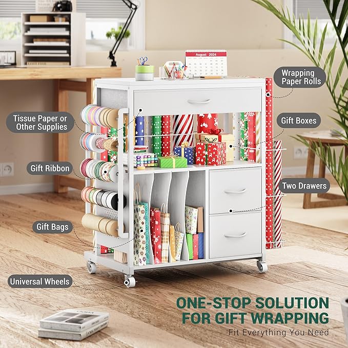 PUNLUXU Wrapping Paper Storage Cart, Rolling Gift Wrap Station with Ribbon and Gift Bag, Craft Organizer Holder, 03 MAX Patent Protected