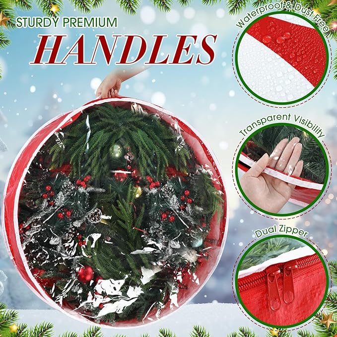 4 Pcs 36 Inch Christmas Wreath Storage Bag Candy Cane Wreath Storage Container Clear Window Dual Zipper Handle Red White Peppermint Garland Organizer for Holiday Decoration, Cute Lollipop