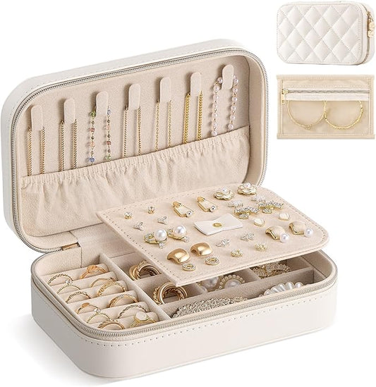 Lolalet Travel Jewelry Case for Women Girls, PU Leather Jewelry Organizer with Clear Storage Bag Small Portable Jewelry Box for Necklace Bracelet Earring Ring Mothers Day Birthday Gifts -Medium/Beige
