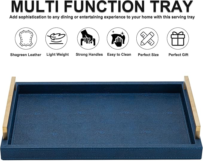 XIGEXIGE Navy Blue Decorative Serving Tray, Shagreen Leather Coffee Table Tray, Rectangle for Home Decor