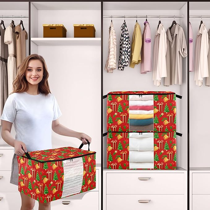 Burbuja Christmas Tree Clothes Storage Bag with Lids and Handle, 2 Pack Foldable Blanket Storage Container with Sturdy Zipper & Clear Window for Bedroom Closet, 60L