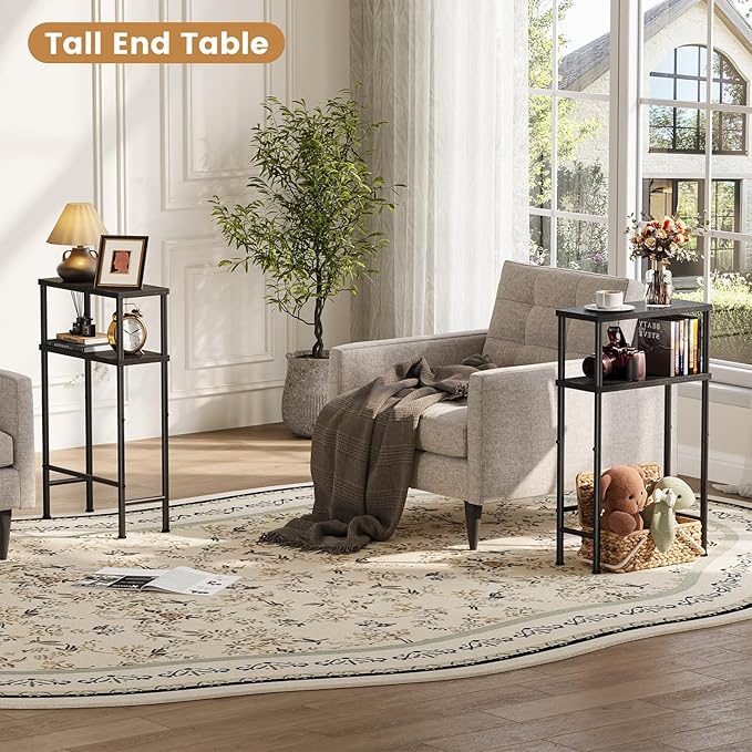 Asgolion Narrow Console Table, 15.7" Small Entryway Table, 2-Tier Sofa Table with Storage, Skinny Console Tables for Entryway, Hallway, Bedroom, Living Room, Foyer, Black