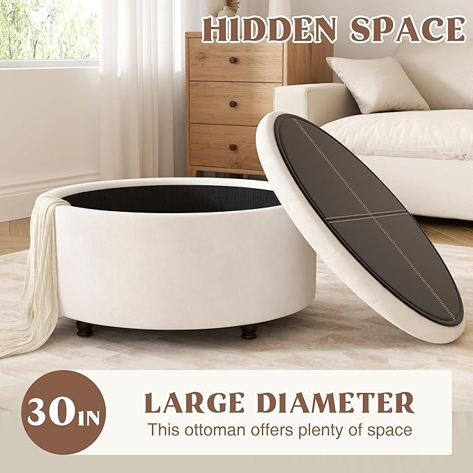 30 Inch Round Storage Ottoman,Modern Tufted Ottomans,Circular Coffee Table with Removable Top,Upholstered Large Ottoman with Storage Footrest Stool for Bedroom Living Room (White)
