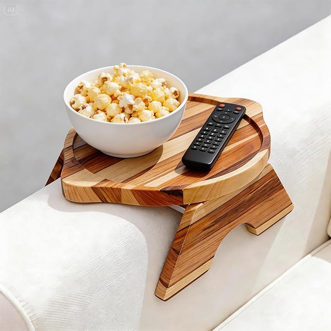 11.81" x 9.84" Teak Wood Couch Arm Tray, Folding Sofa Armrest Table, Clip-On Couch Arm Table for TV Dinner, Drinks & Snacks, Compact Tray Table, Small Side Table