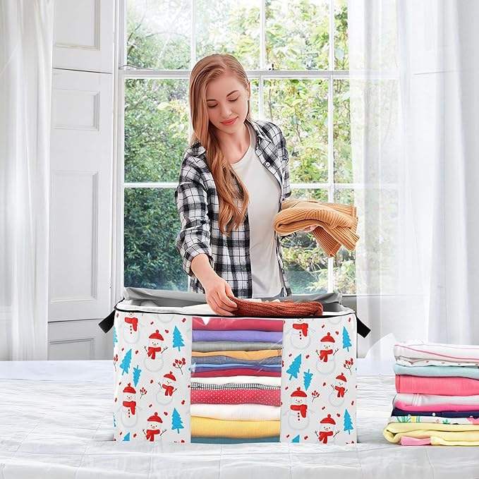 Burbuja 2 Pack Storage Bag Organizer with Handles for Clothes, Blankets, Bedding, Snowmen Tree Foldable Storage Bag with Zipper & Clear Window, 95L