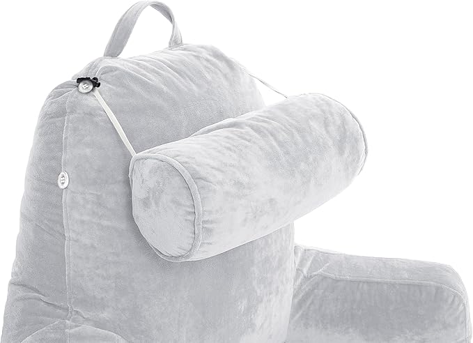 Husband Pillow XXL The Original for Adults - 30" Tall Backrest for Sitting Up in Bed - Firm Support Reading & Bed Rest Pillows for Adults, Neck Roll, Removable Cover - TV - Light Grey