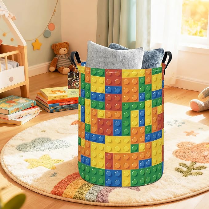 HUNRUNG Collapsible Fabric Storage Basket, Waterproof Laundry Hamper with Handles, Round Storage Bin for Clothes Toys, Foldable Organizer for Bedroom Nursery Bathroom(Round-Colorful Blocks)