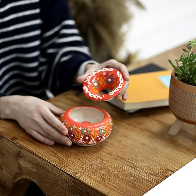Decorative Ceramic Jar-Colorful Decorative Jar with Lid-Handmade Small Decorative Jar-Windproof Unique Jars-Turkish Home Decor (Orange)