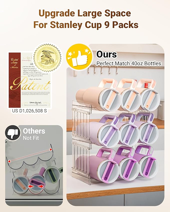 Gracenal Water Bottle Organizer Holder for Stanley Cup Accessories, Fridge Kitchen Cabinet Organizer and Storage for Meoky 40 oz Tumbler with Handle, Stackable Plastic Travel Mug Cup Rack Gifts, 3Pack