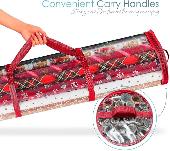 Hearth & Harbor Wrapping Paper Storage Container - Clear Wrapping Paper Holder Fits Up To 14 Rolls of 40" - Tear Proof Gift Wrap Organizer - Premium Bag for Easy Carrying, Red