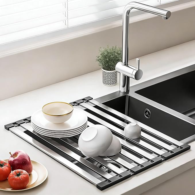 Over The Sink Kitchen Dish Drying Rack Organizer - Stainless Steel Collapsible Non-Slip Space-Saving [16.54 * 12.8IN] - Rust-Resistant Heat-Resistant Sturdy - Easy to Clean