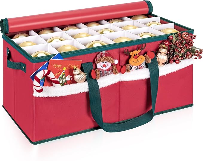 Christmas Ornament Storage Box with Adjustable Dividers Zippered Top Stores up to 54 Holiday Ornaments (4 Inch) Xmas Ball Decorations Organizer Storage Container Bin