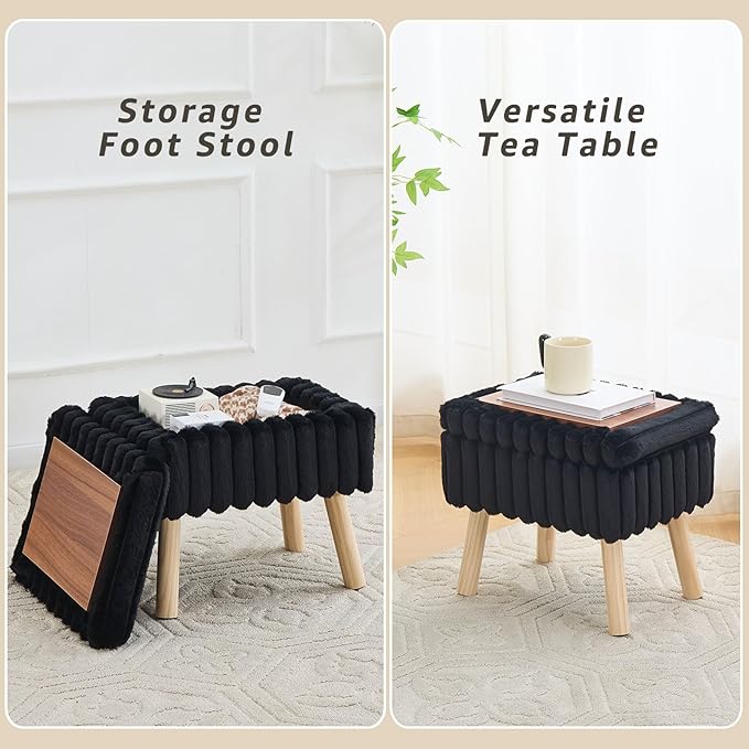 Wimarsbon Storage Ottoman,Soft Faux Fur Footstool with Padded Seat, Small Reading Vanity Chair, Footrest with Wood Tray for Couch, Mini Coffee Table or Display Stand (Black)